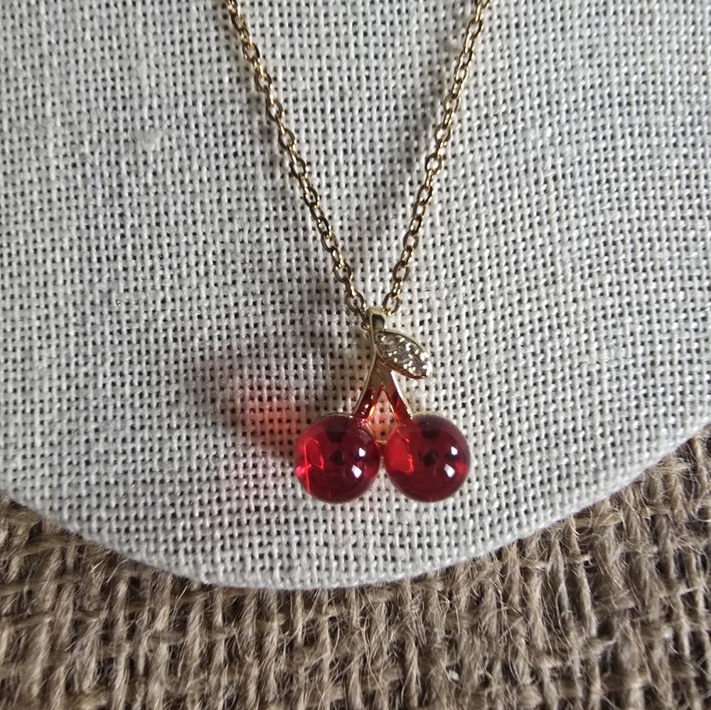 New Cherry Pendant Charm Necklace with Diamond-esque Accents